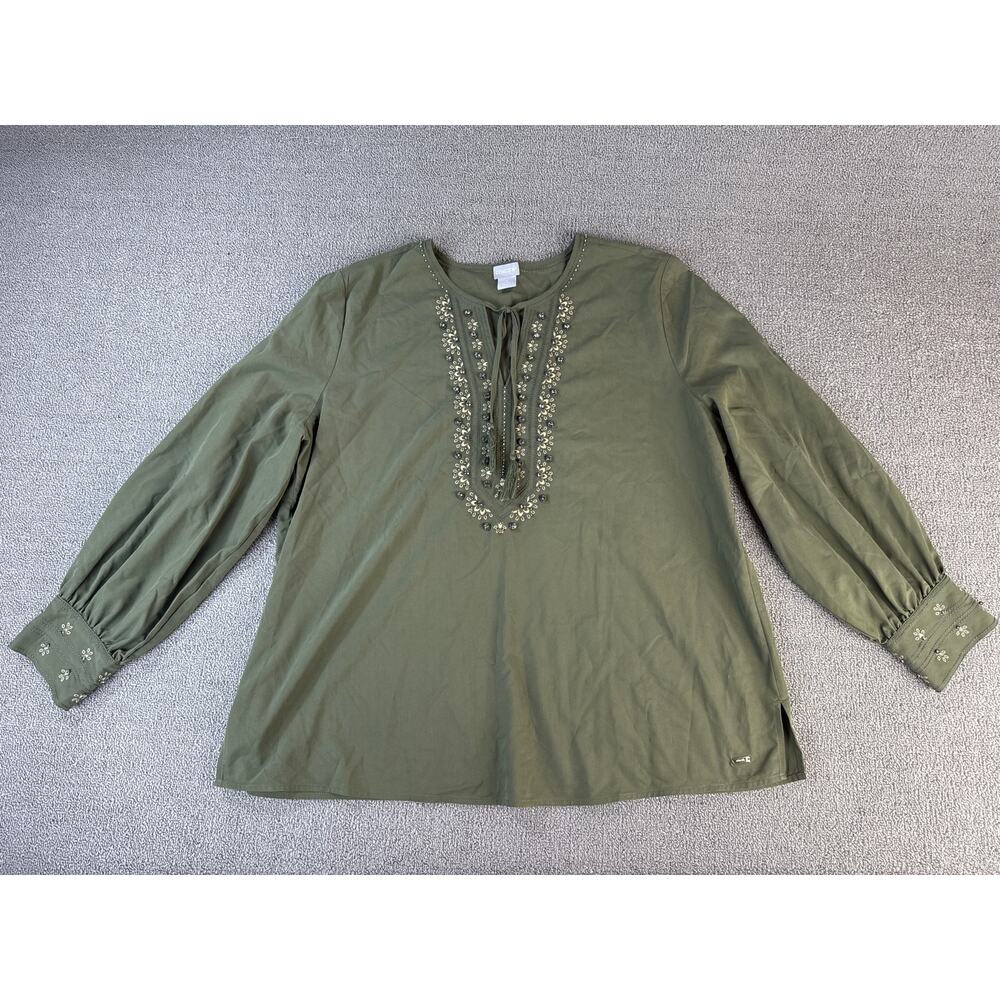Chicos Blouse Top‎ Embellished Bohemian Olive Green Size 1X